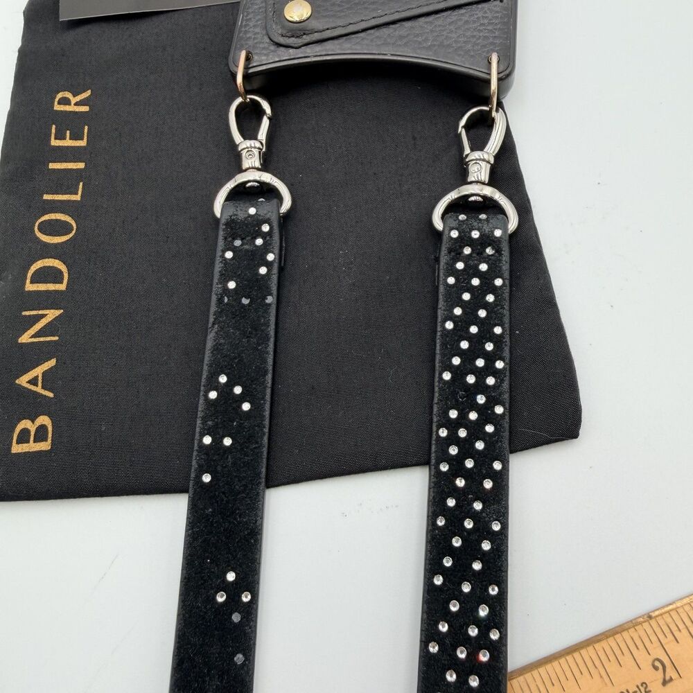 BANDOLIER Black Leather Crossbody iPhone 13/14 Pro Max Case; Rhinestone Strap - Picture 9 of 13